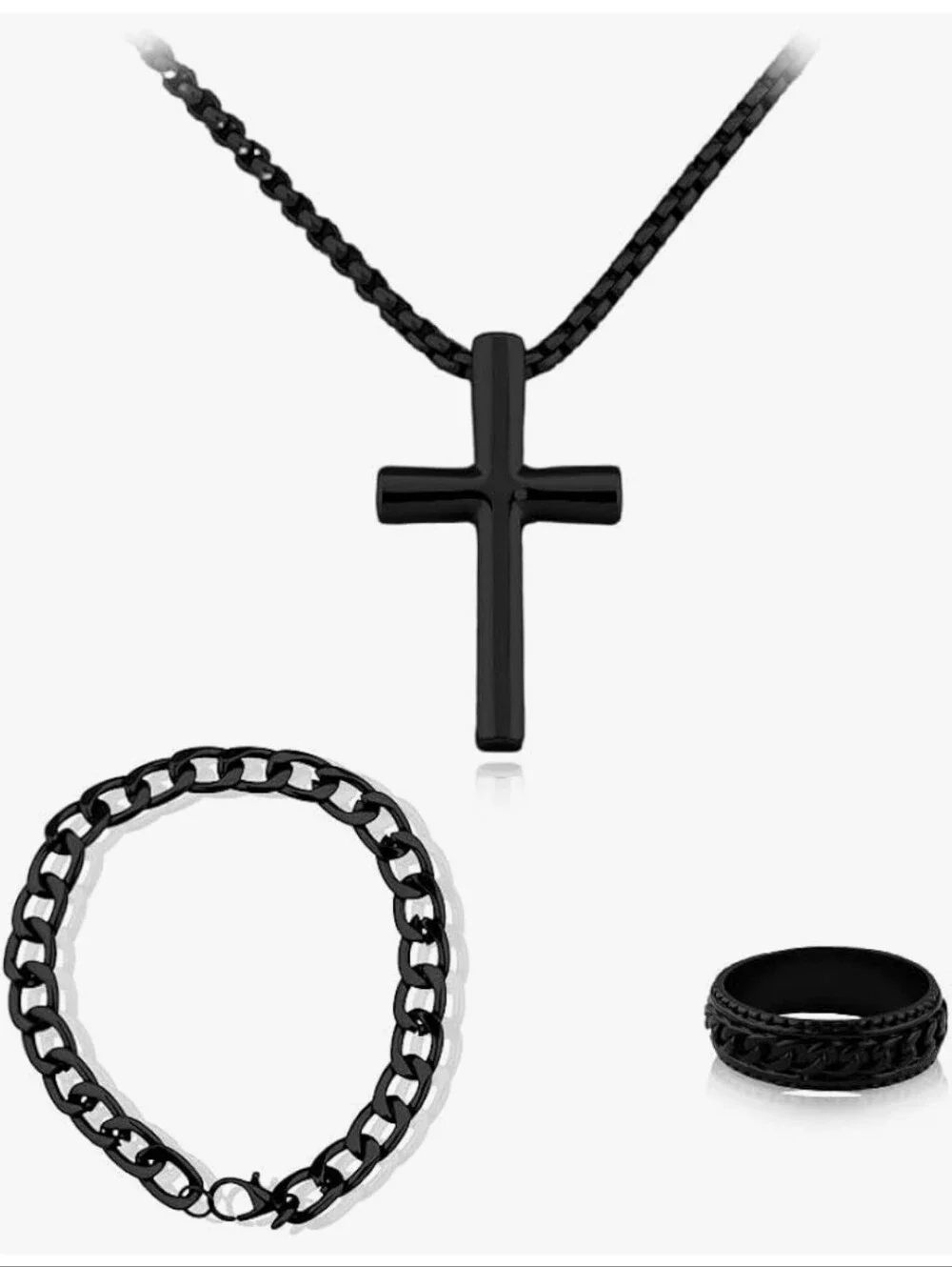 NWT 3-Piece Cross Pendant Necklace Bracelet Ring Jewelry Sets for Men
